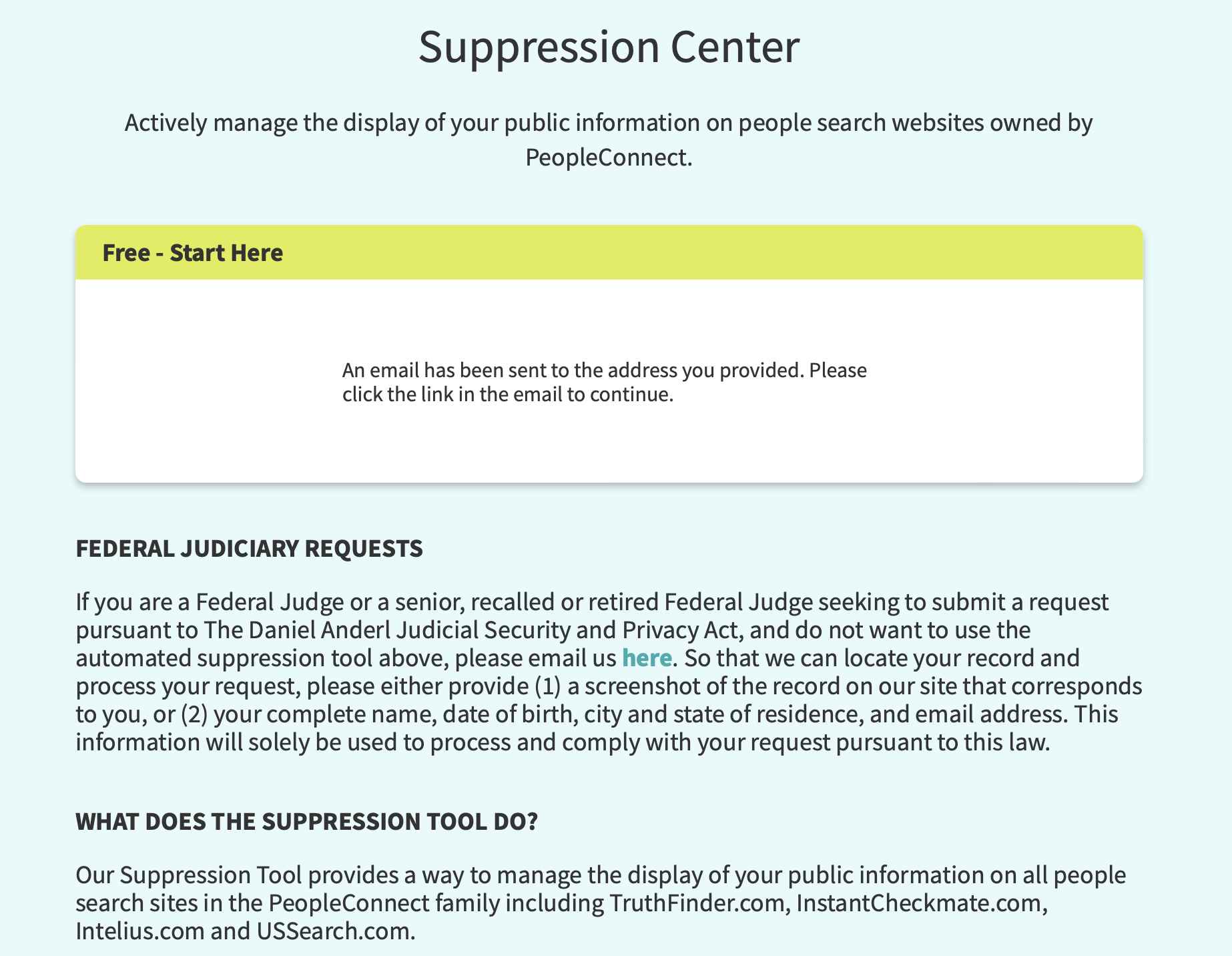PeopleConnect/InstantCheckmate suppression center opt-out form success message