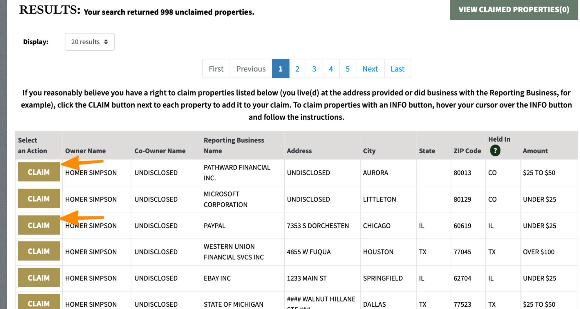 Missing Money search results page