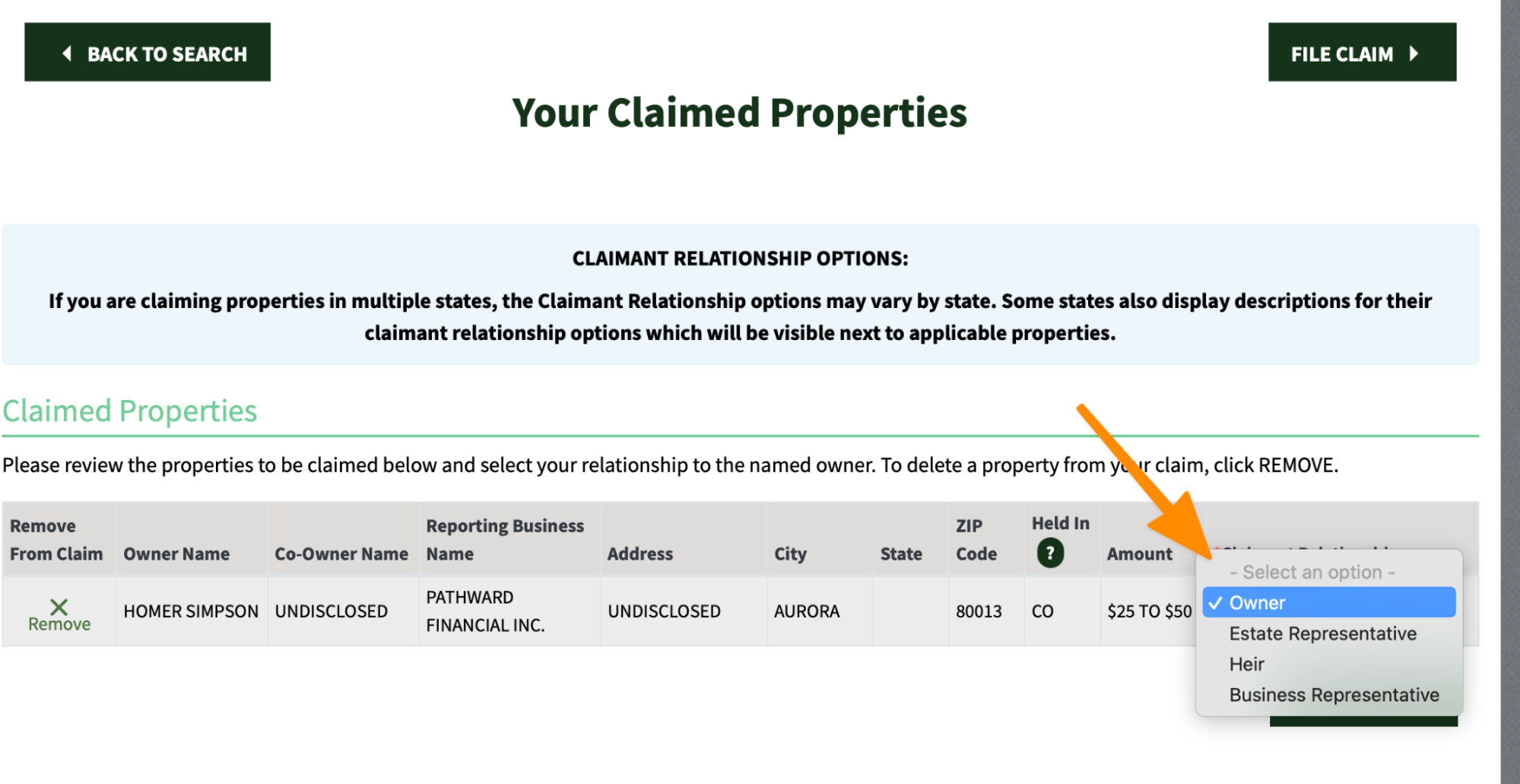Missing Money claimed property form