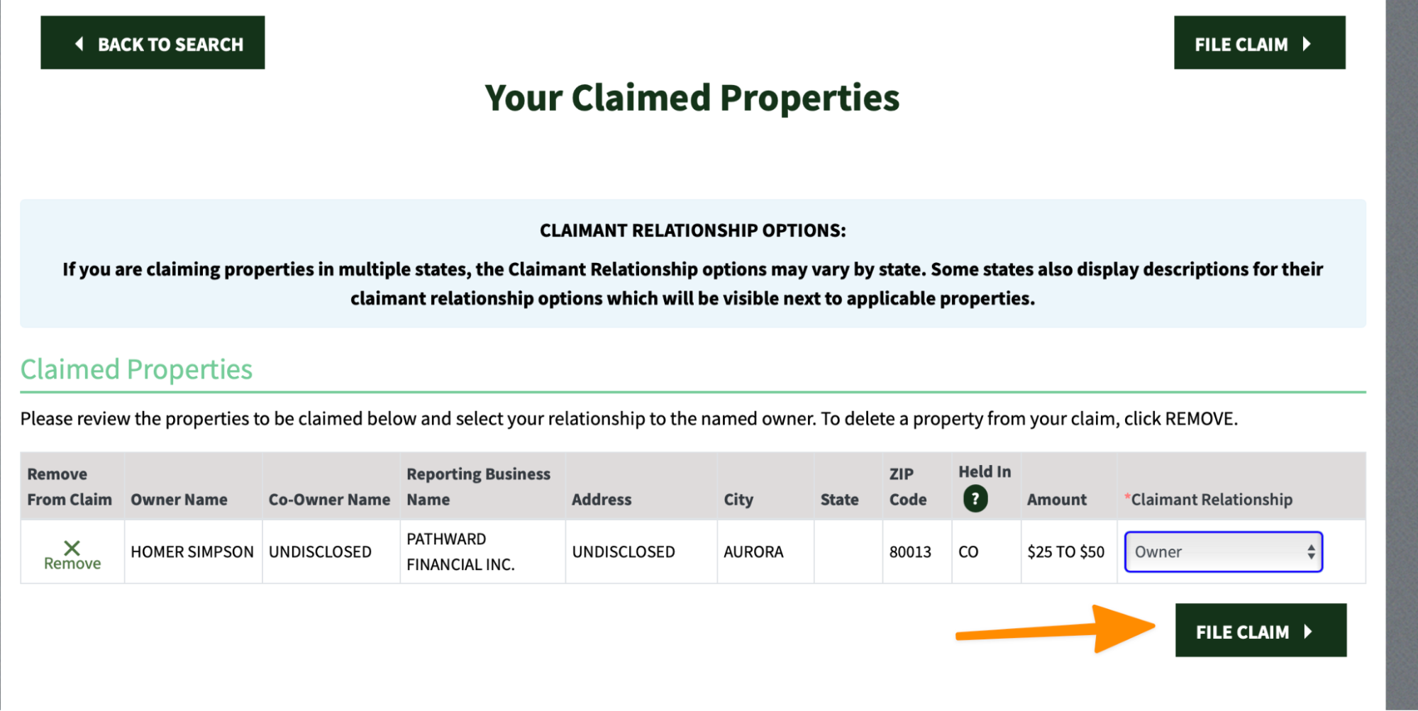 Missing Money claimed property form