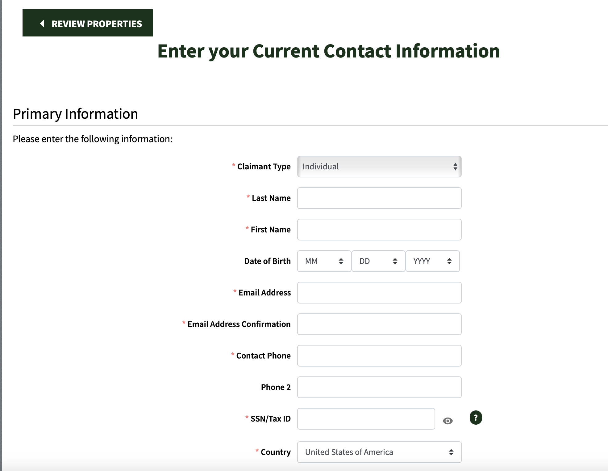 Missing Money personal information form