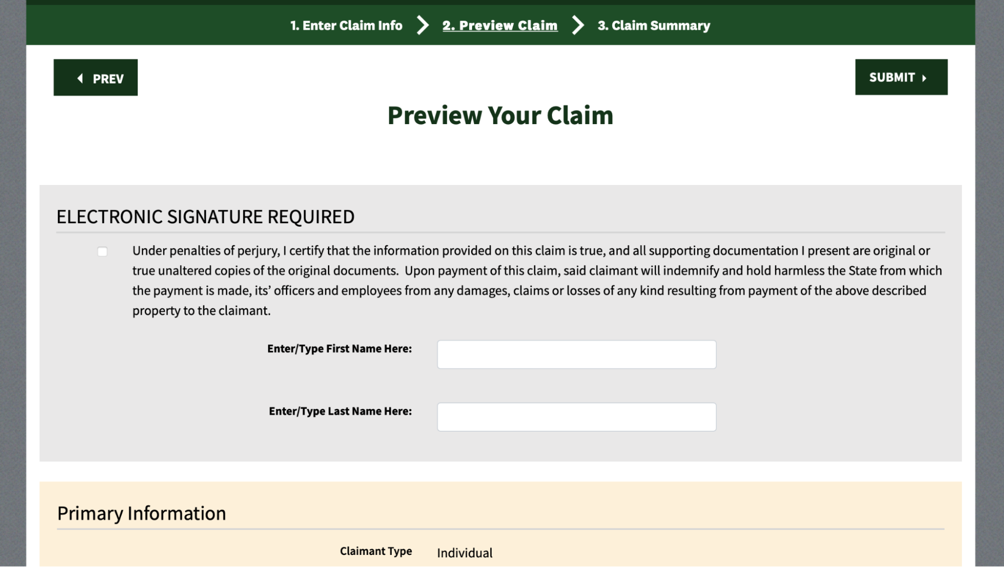 Missing Money claim preview and electronic signature form