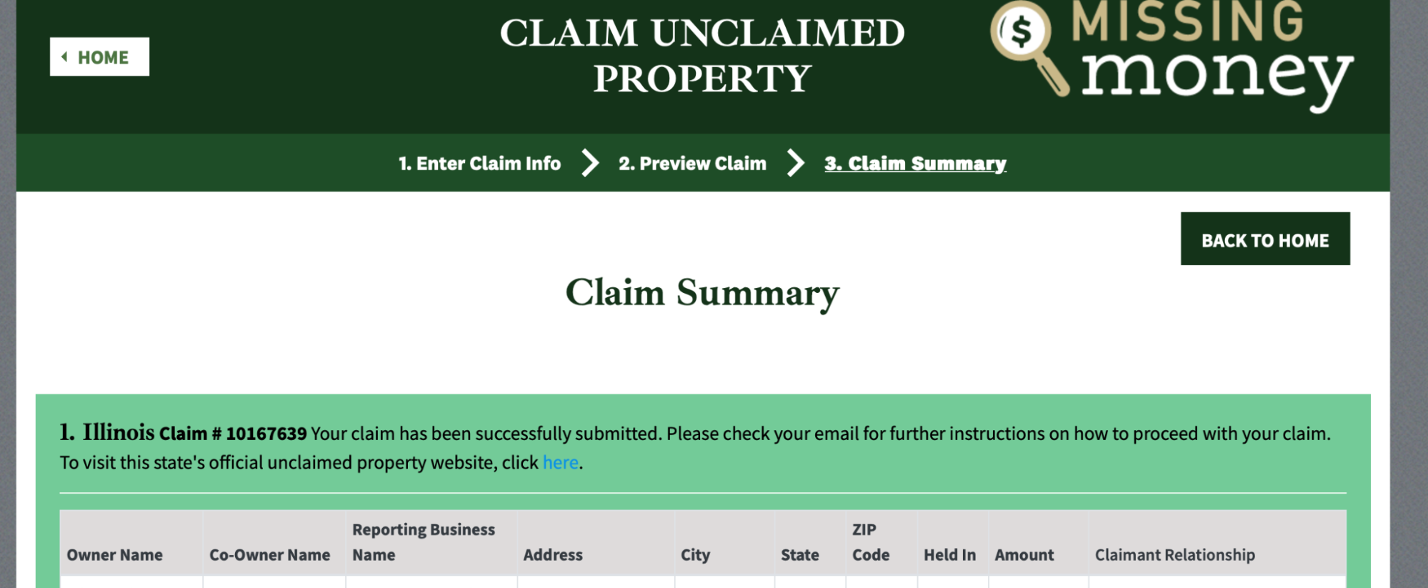 Missing Money claim summary