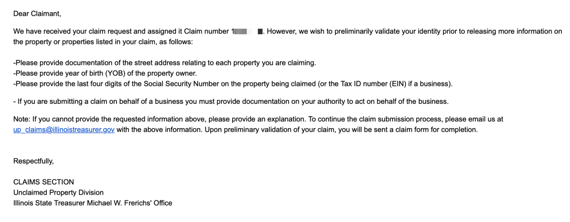 State claims department response email example