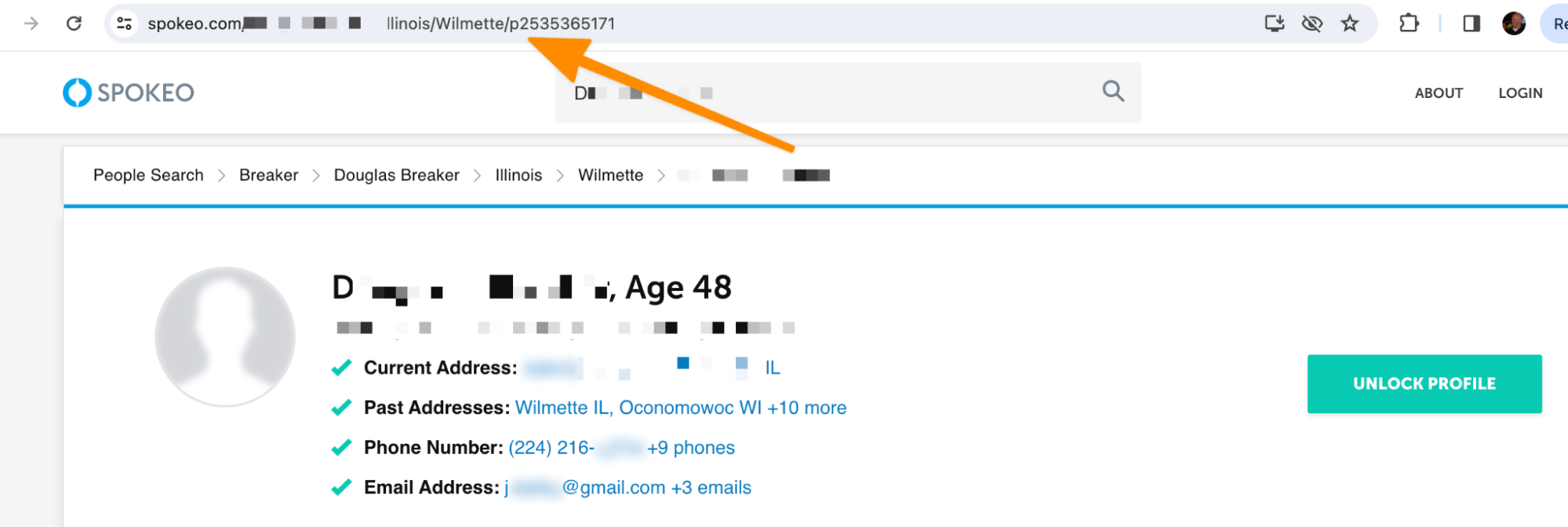 Copying a profile URL for removal from Spokeo.com