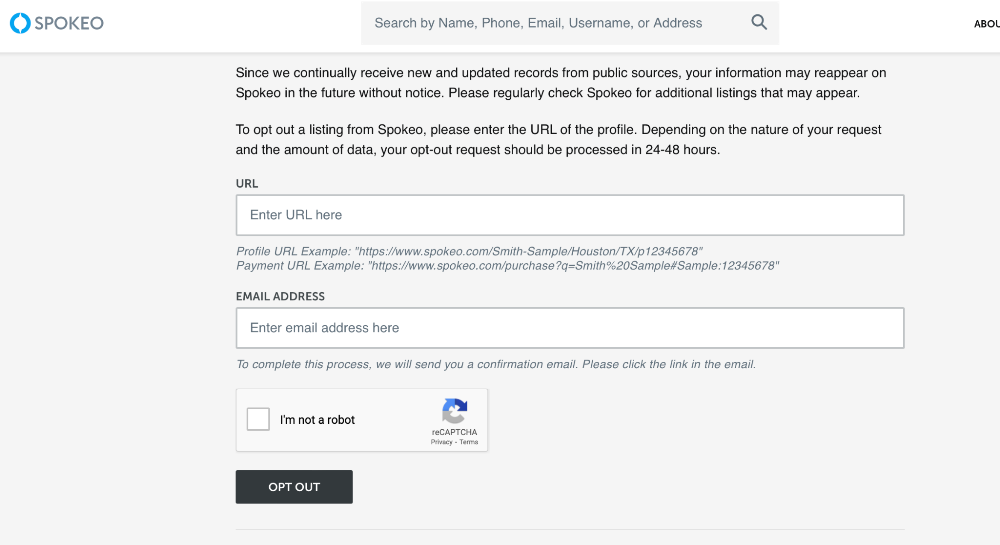 Spokeo.com opt-out form