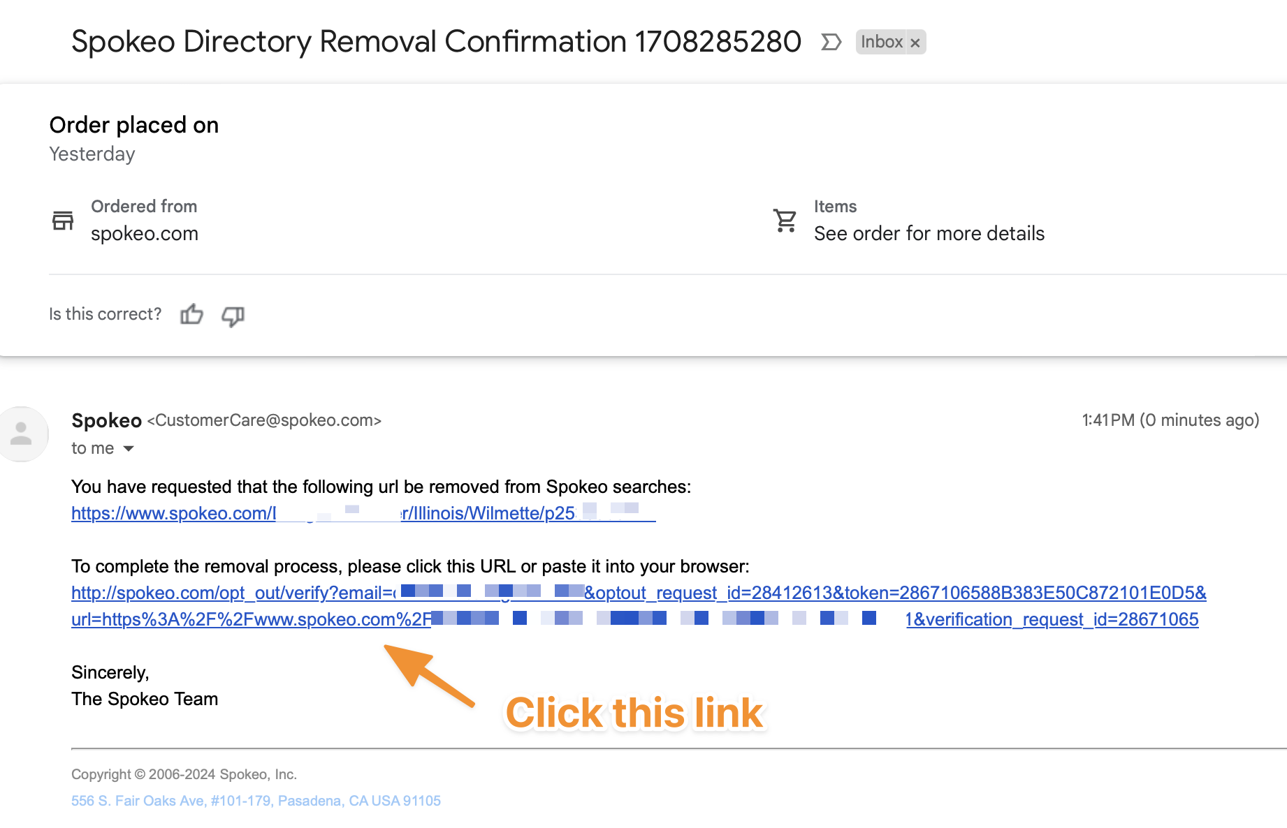 Spokeo.com follow up email with record removal url